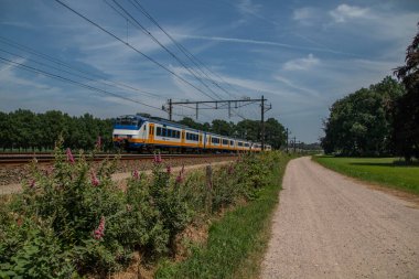 Moving blue yellow white Dutch NS Sprinter Train alongside a gravel road and the fields of Estate Biljoen, Velp.