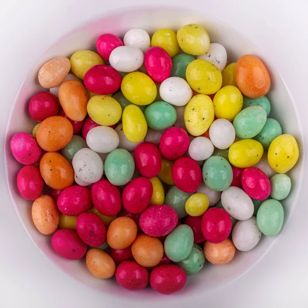 Top View Pile Colorful Shiny Easter Eggs White Bowl White — Stock fotografie
