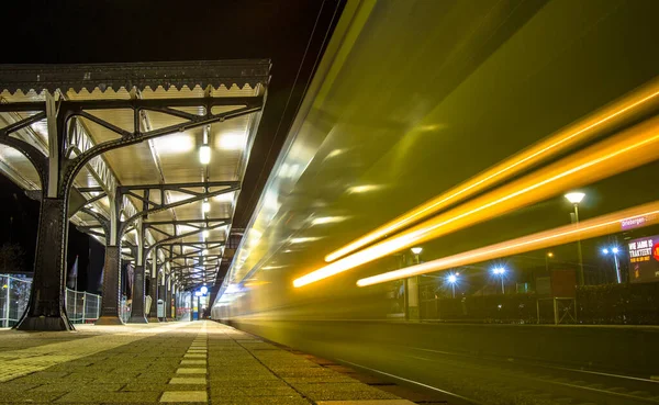 Night Photography Motion Blur Yellow Dutch Train Taken Low Perspective —  Fotos de Stock