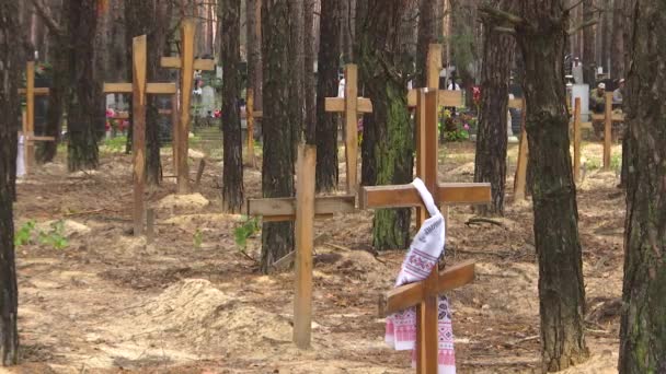 Cerkiew Krzyż Miejscu Masowy Grób Człowiek Zabity Rosyjski Armia Podczas — Wideo stockowe
