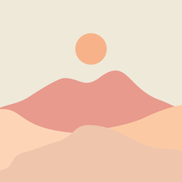 Abstract contemporary aesthetic background with desert, mountains, Sun. Earth tones, burnt orange, terracotta colors. Boho wall decor. landscapes set with sunrise, sunset. Earth tones, pastel colors.