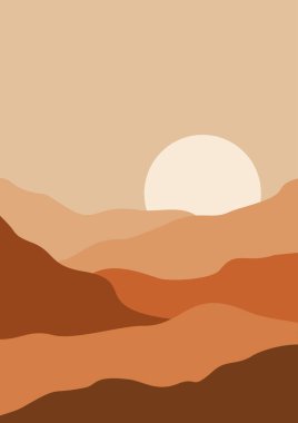 Çölün, dağların ve güneşin olduğu soyut çağdaş estetik arka plan. Toprak tonları, yanmış turuncu, terracotta renkleri. Boho duvar dekoru. Manzaralar gün doğumuyla, gün batımıyla birlikte batıyor. Toprak tonları, pastel renkler.