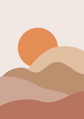 Soyut manzara çizimleri. Dağlar, güneş, ay, gün batımı, çöl, tepeler minimalist tasarım. Modern orta çağ sanatı, ev dekorasyonu, duvar sanatı. Boho duvar dekoru. Manzaralar gün doğumuyla, günbatımıyla batar.