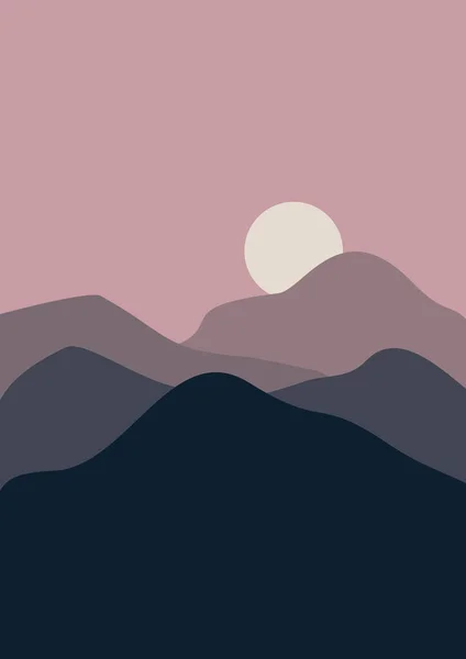 Abstrakte Landschaftsdarstellungen Berge Sonne Mond Sonnenuntergang Wüste Hügel Minimalistisches Design — Stockvektor