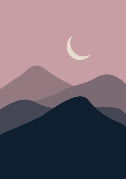 Abstrakte Landschaftsdarstellungen Berge Sonne Mond Sonnenuntergang Wüste Hügel Minimalistisches Design — Stockvektor