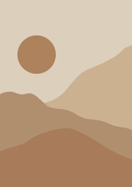 Abstrakte Landschaftsdarstellungen Berge Sonne Mond Sonnenuntergang Wüste Hügel Minimalistisches Design — Stockvektor