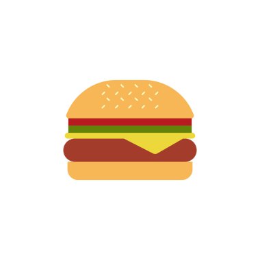 Burger düz tasarım vektör çizimi beyaz arkaplanda izole edildi. Minimalist tarzda hamburger. Düz tasarım