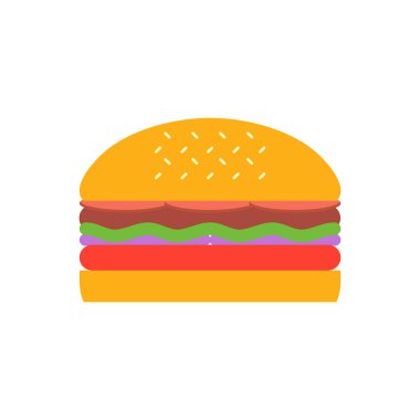Lezzetli hamburger. Vektör düz tasarım burger ikonu. Salatalı hamburger, domates, peynir ve pirzola. Fast food. Vektör illüstrasyonu