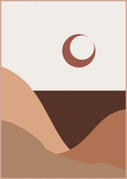 山地Boho平面设计 抽象的当代审美背景景观设置与日出 柔和的颜色 Boho墙装饰 世纪中叶现代简约主义艺术印刷品 — 图库矢量图片