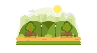 City park Urban outdoor decor, elements parks and alleys.. City summer park with green trees bench, walkway and lantern, Natural Backround, promenade area, park, picnic area.