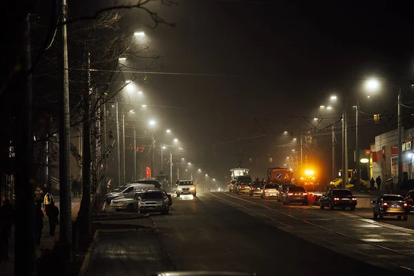 Deserted Night Street Rain Foggy Evening Road Light Lanterns Headlights — Stock Photo, Image