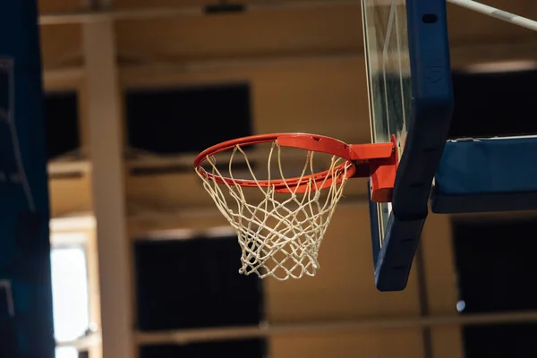 the ball flies into the basketball basket. the photo is on a long exposure. the goal of the team in a basketball match. winning a sports competition. blurred silhouette of the ball in motion