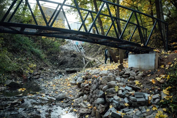 Pequeño Puente Metálico Sobre Arroyo Revestimiento Celosía Vigas Transversales Para —  Fotos de Stock