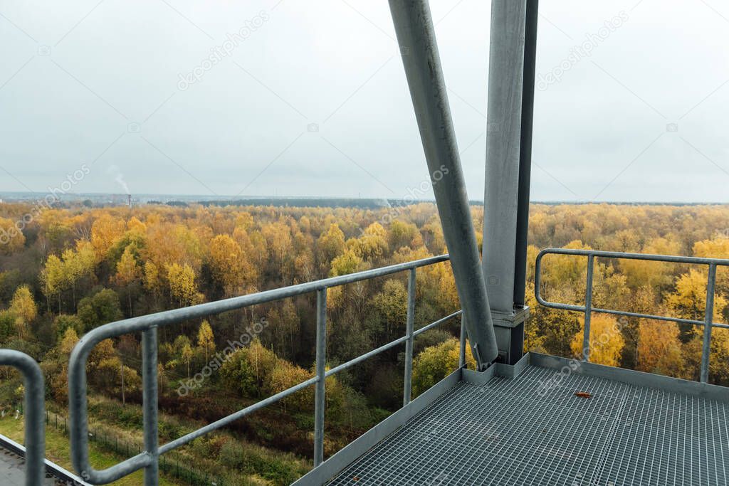 autumn forest from a height. a beautiful landscape of many trees with yellow foliage. a cloudy day in the forest. view from the observation deck with protective railings to the national park