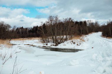 Karlar altında aşırı gelişmiş bankaların olduğu bir kış nehri manzarası. Saf buzlu kaynak suyu. İnsansız doğa