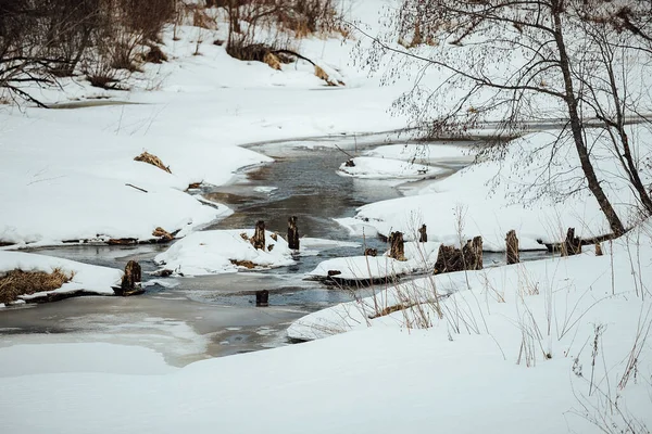 Landschaft Eines Winterbaches Mit Zugewucherten Ufern Unter Schnee Eisreines Quellwasser — Stockfoto
