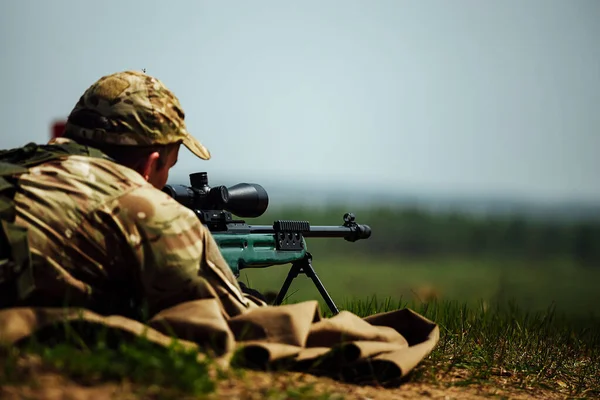 Sniper Shoots Lying Rifle Optical Sight Spent Cartridge Case Flies — Stock Photo, Image