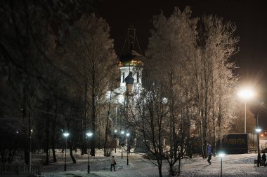 Kışın parkta bir gece sokağı. Ağaçların dalları beyaz buzla kaplıdır. İnsanlar olmadan güzel, huzurlu, soğuk bir manzara.