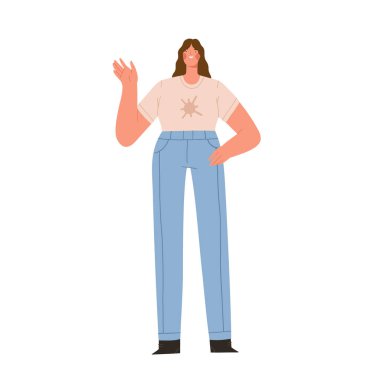 Gülümseyen ve el sallayan genç bir kadın. Gündelik giysiler içindeki modern kadın karakter merhaba diyor. Çizgi film düz vektör çizimi beyaz arkaplanda izole edildi