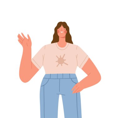 Gülümseyen ve el sallayan genç bir kadının portresi. Gündelik giysiler içindeki modern kadın karakter merhaba diyor. Çizgi film düz vektör çizimi beyaz arkaplanda izole edildi.