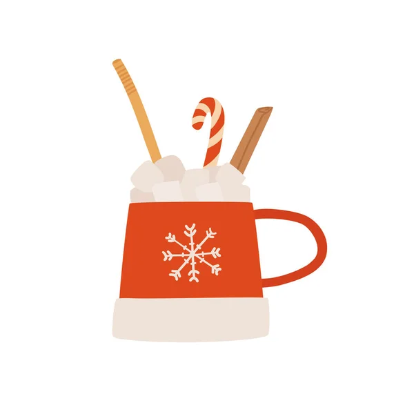 Chocolat chaud ou tasse de cacao avec canne à bonbons, bâton de cannelle, guimauve. Carte de vœux de Noël élément design. Illustration vectorielle dessin animé plat. — Image vectorielle