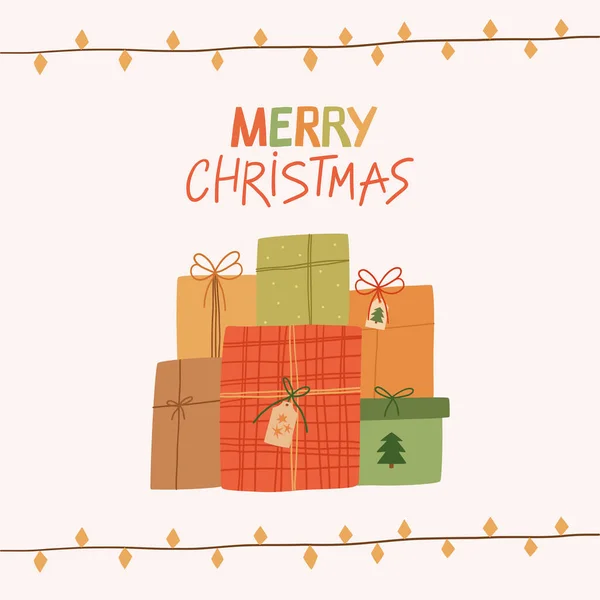 Feliz tarjeta de felicitación de Navidad. Lindas cajas de regalo envueltas, luces y letras dibujadas a mano. Dibujos animados vectoriales ilustración plana. — Archivo Imágenes Vectoriales