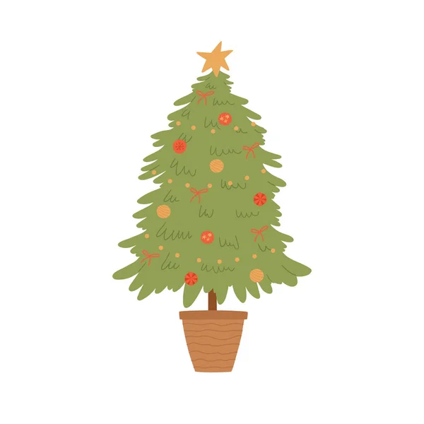 Zdobený vánoční stromek. Hvězda, světla, dekorační koule a lampy. Plochá kreslená vektorová ilustrace. — Stockový vektor