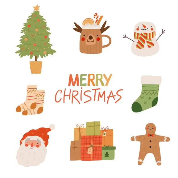 Acogedor conjunto de elementos de Navidad y Año Nuevo. Santa Claus, galleta de jengibre, regalos, muñeco de nieve, árbol, taza de cacao. Dibujos animados vectoriales ilustración plana. — Vector de stock