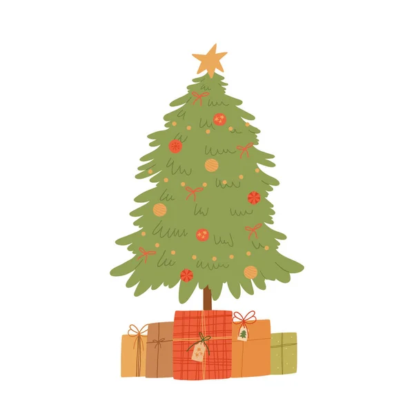 Gedecoreerde kerstboom met geschenkdozen. Ster, lichten, decoratie ballen, lampen. Platte cartoon vector illustratie. — Stockvector