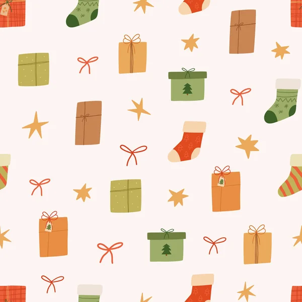 Natal bonito e Feliz Ano Novo sem costura padrão. Caixas de presentes, estrelas e meias. Desenho animado vetorial ilustração plana. —  Vetores de Stock