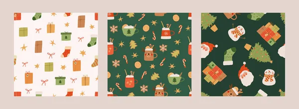 Conjunto de lindos patrones de Navidad y Feliz Año Nuevo sin costuras. Santa Claus, galletas de jengibre, cajas de regalo, media, bastón de caramelo, muñeco de nieve, árbol, copas de cacao. Dibujos animados vectoriales ilustración plana. — Archivo Imágenes Vectoriales