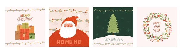 Boldog Karácsonyt és Boldog Új Évet üdvözlőlapokat. Aranyos Mikulás claus, ajándékdobozok, fa, koszorú és kézzel rajzolt betűket.Vektor rajzfilm lapos illusztráció. — Stock Vector