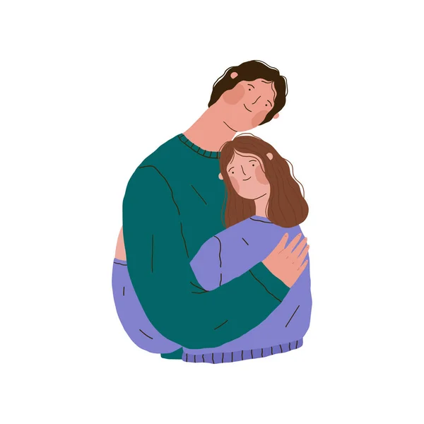 Um jovem casal feliz apaixonado. Homem e mulher bonitos abraçando um ao outro. ilustração vetorial desenhada à mão plana. — Vetor de Stock