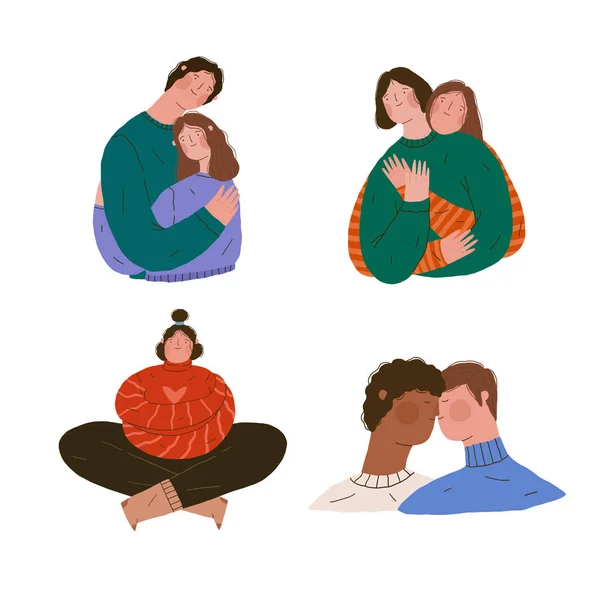 Diverse people in love. Happy hugging gay and heterosexual couples set. Flat hand drawn vector illustration for cards, postcards, posters. — Stock Vector
