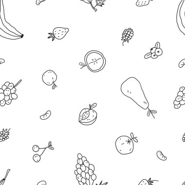 Fruits seamless pattern. Peach banana, cherry, strawberry, apple. Hand drawn line vector illustration