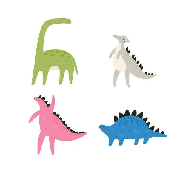 Lindo Juego Dinosaurios Colección Con Personajes Dinosaurios Divertidos Dibujos Animados — Vector de stock