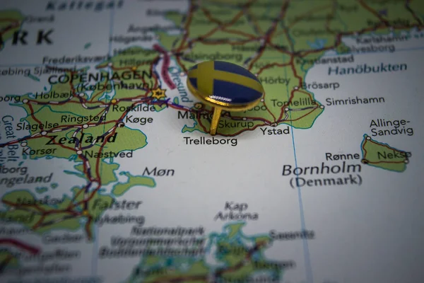 Trelleborg Sveç Bayrağıyla Haritaya Iliştirilmiş — Stok fotoğraf
