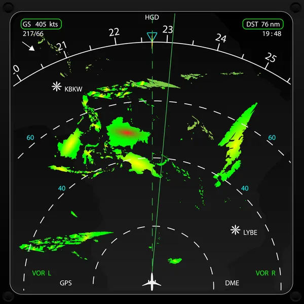 Avión comercial a bordo del radar, mostrando información meteorológica, vector — Archivo Imágenes Vectoriales