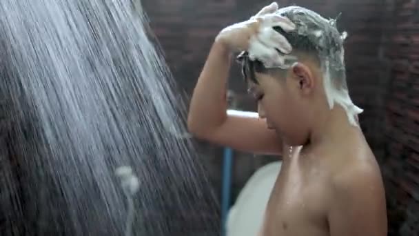 Asian Boy Washing Hair Showering Shower — Stock Video