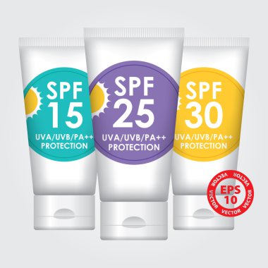 Güneş koruma losyonu spf15, spf25, spf30 - tüp konteyner - vektör