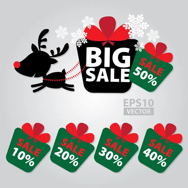 Stor försäljning nyår och jul renar klistermärke märken med försäljning 10-50 procent text på färgglada gåva rutan klistermärke märken - vektor Stockillustration