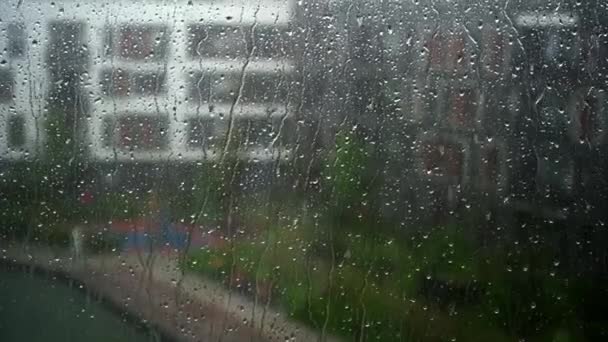 Gotas de lluvia gotean por el panel de la ventana — Vídeos de Stock