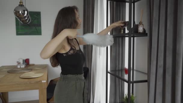 Een Vrouw Doet Huishoudelijk Werk Ruimt Stof Planken Met Stofdoek — Stockvideo