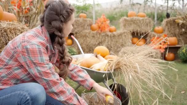 Eine Bäuerin Lädt Herbst Vor Halloween Vor Dem Hintergrund Von — Stockvideo
