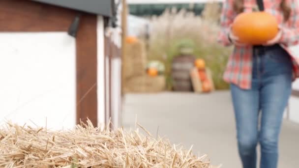 Une Jeune Agricultrice Porte Une Petite Citrouille Orange Dans Ses — Video