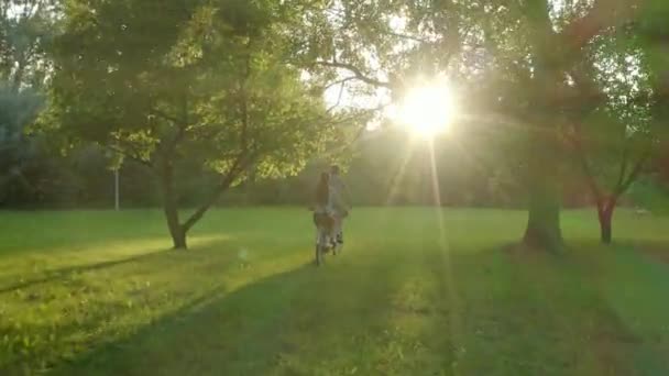 Una Joven Pareja Casados Hombre Una Mujer Paseo Bicicleta Tándem — Vídeos de Stock