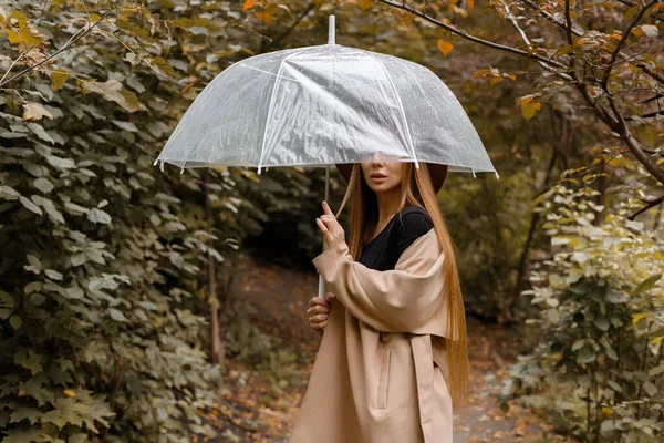 Женщина Прозрачным Зонтиком Осенью Прогулке Макро — стоковое фото