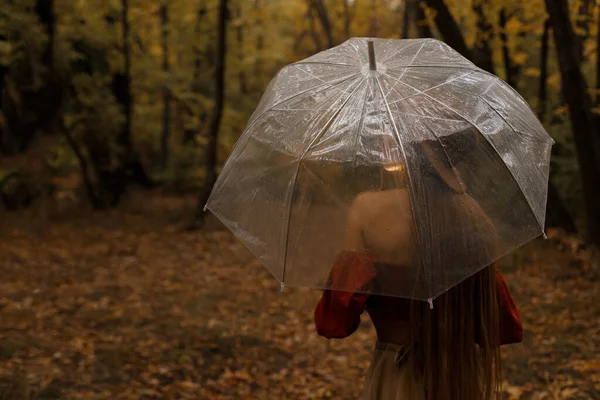 Modèle Vue Arrière Avec Parapluie Transparent Automne Sur Fond Sombre — Photo