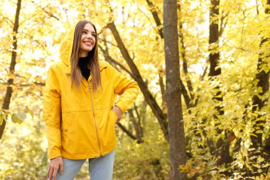 Ekim 'de sarı sonbahar yapraklarının önünde sarı sonbahar ceketiyle gülümseyen bir kadın. Metin için boş alan