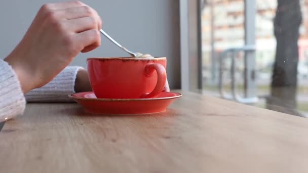 泡とスプーンのある居心地の良いカフェのテーブルの上にカプチーノを1杯 — ストック動画